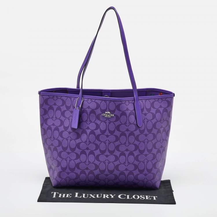 Pre Owned Coach Purple Signature Coated Canvas and Leather Reversible City Tote