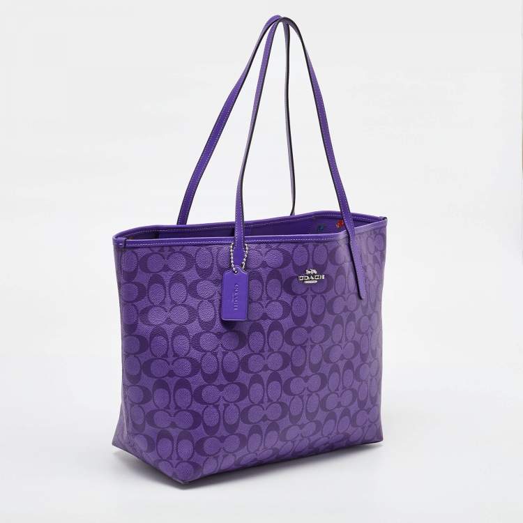 Pre Owned Coach Purple Signature Coated Canvas and Leather Reversible City Tote