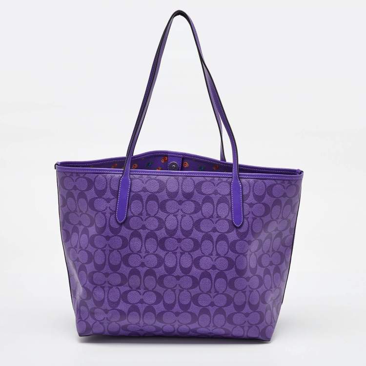 Pre Owned Coach Purple Signature Coated Canvas and Leather Reversible City Tote
