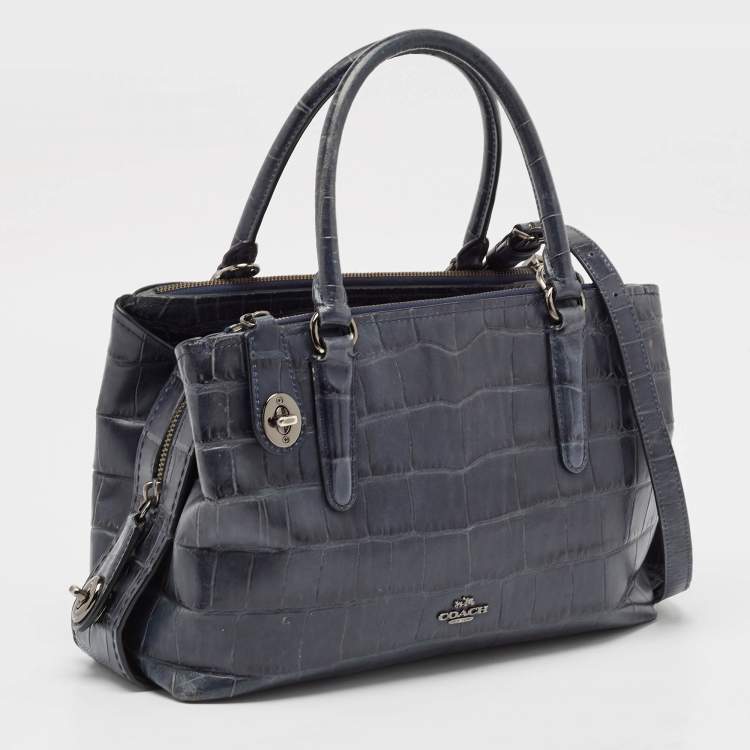 Pre Owned Coach Navy Blue Croc Embossed Leather Brooklyn Carryall 28 Tote