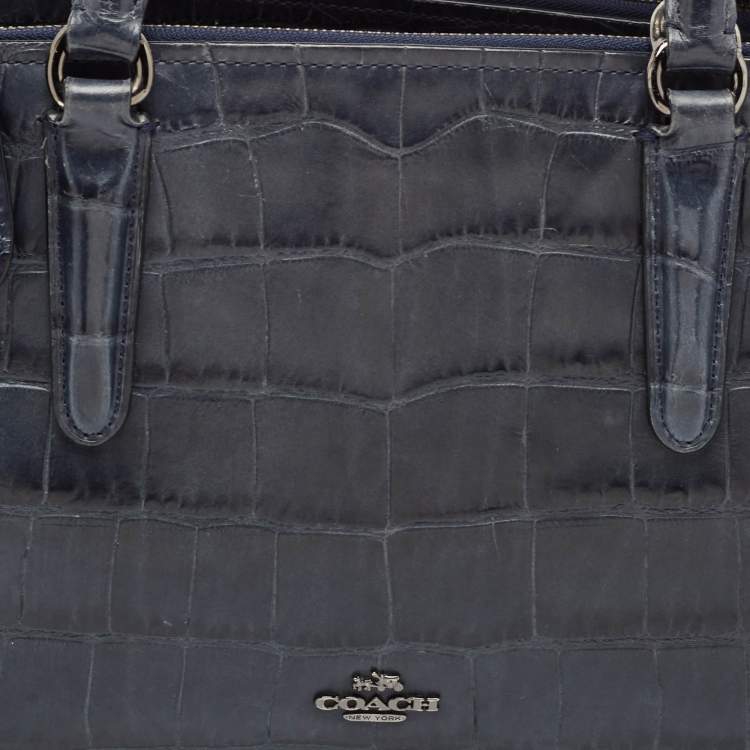 Pre Owned Coach Navy Blue Croc Embossed Leather Brooklyn Carryall 28 Tote