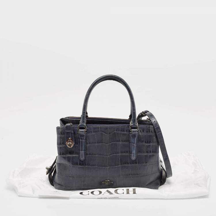 Pre Owned Coach Navy Blue Croc Embossed Leather Brooklyn Carryall 28 Tote