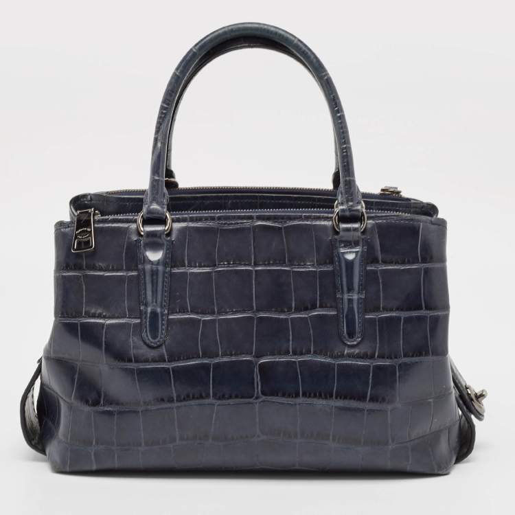 Pre Owned Coach Navy Blue Croc Embossed Leather Brooklyn Carryall 28 Tote