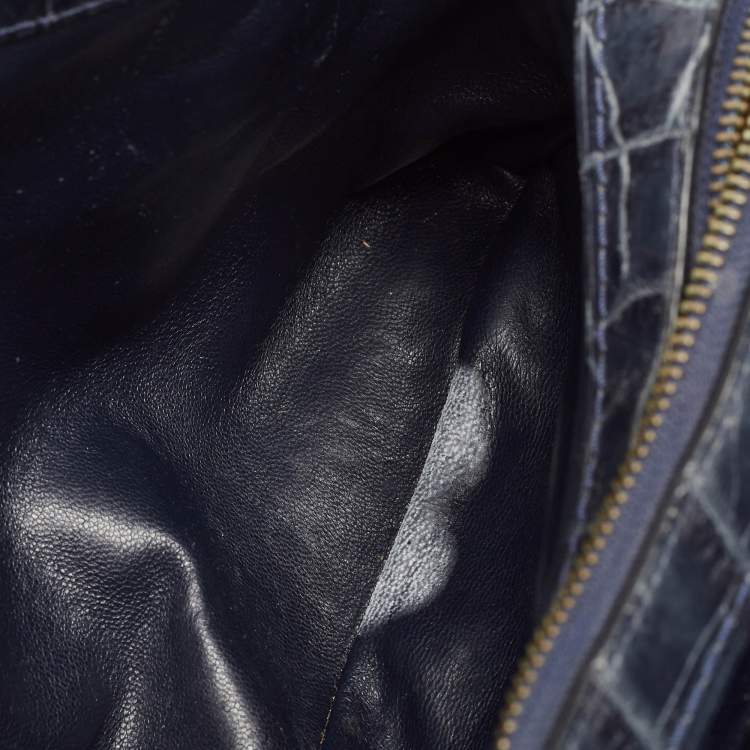Pre Owned Coach Navy Blue Croc Embossed Leather Brooklyn Carryall 28 Tote