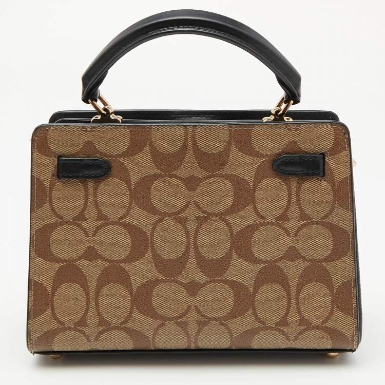 Pre Owned Coach Black/Brown Signature Coated Canvas and Leather Mini Lane Tote