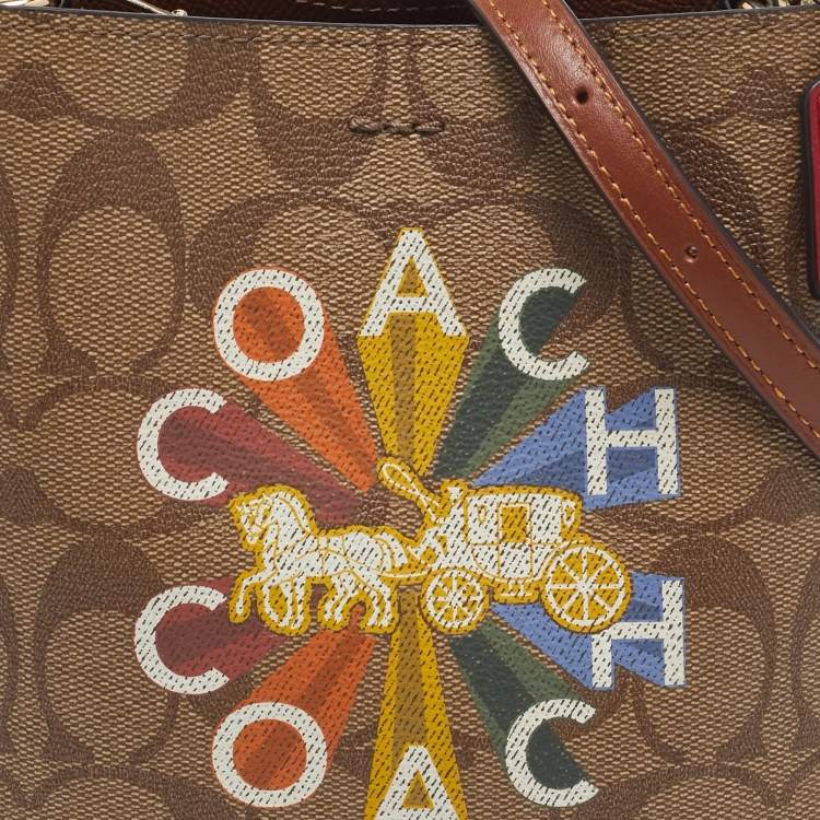Pre Owned Coach Beige Signature Coated Canvas and Leather Mini Radial Rainbow Town Bucket Bag