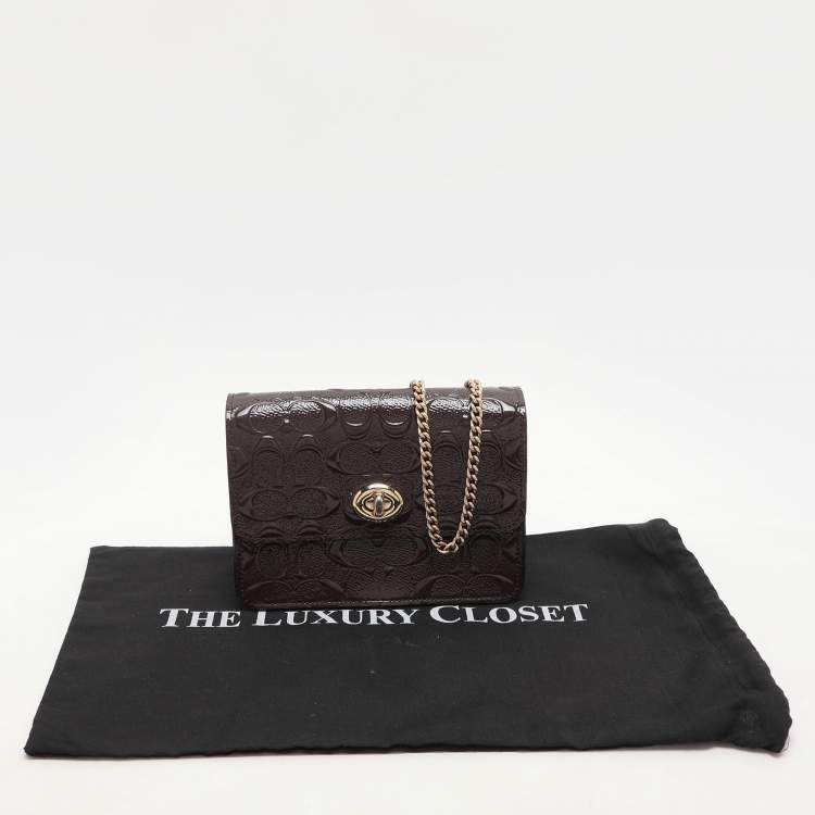 Pre Owned Coach Brown Logo Embossed Patent Leather Bowery Crossbody Bag