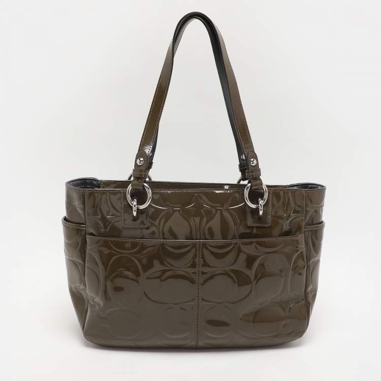 Pre Owned Coach Olive Green Op Art Embossed Patent Leather East West Gallery Tote