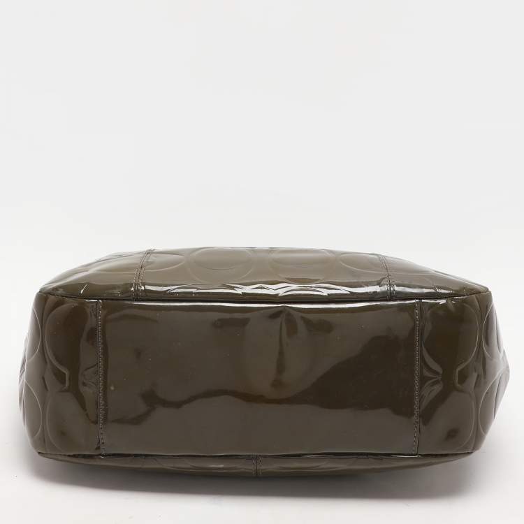 Pre Owned Coach Olive Green Op Art Embossed Patent Leather East West Gallery Tote