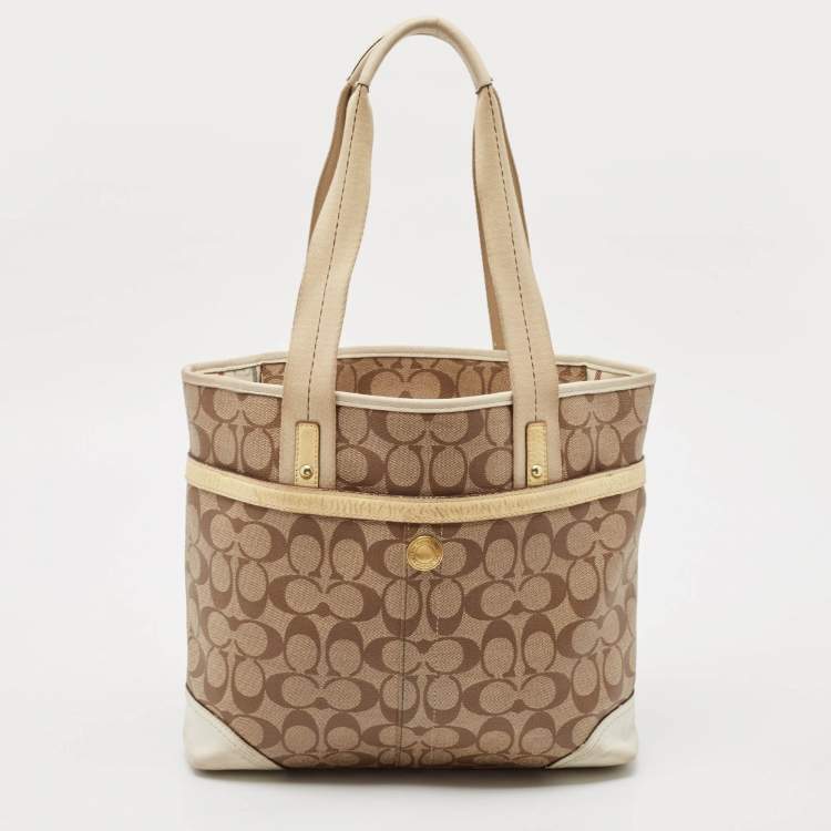 Pre Owned Coach Tricolor Coated Canvas Heritage Striped Tote
