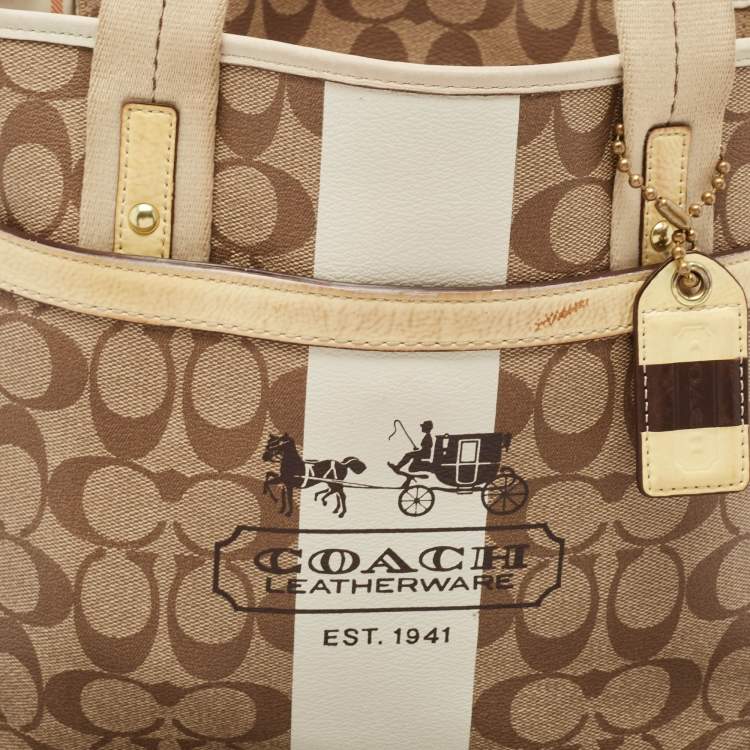 Pre Owned Coach Tricolor Coated Canvas Heritage Striped Tote