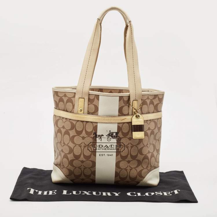 Pre Owned Coach Tricolor Coated Canvas Heritage Striped Tote