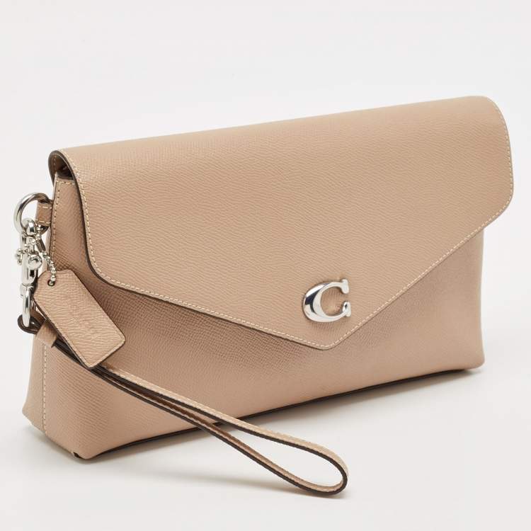 Pre Owned Coach Beige Leather Wyn Wristlet Pouch