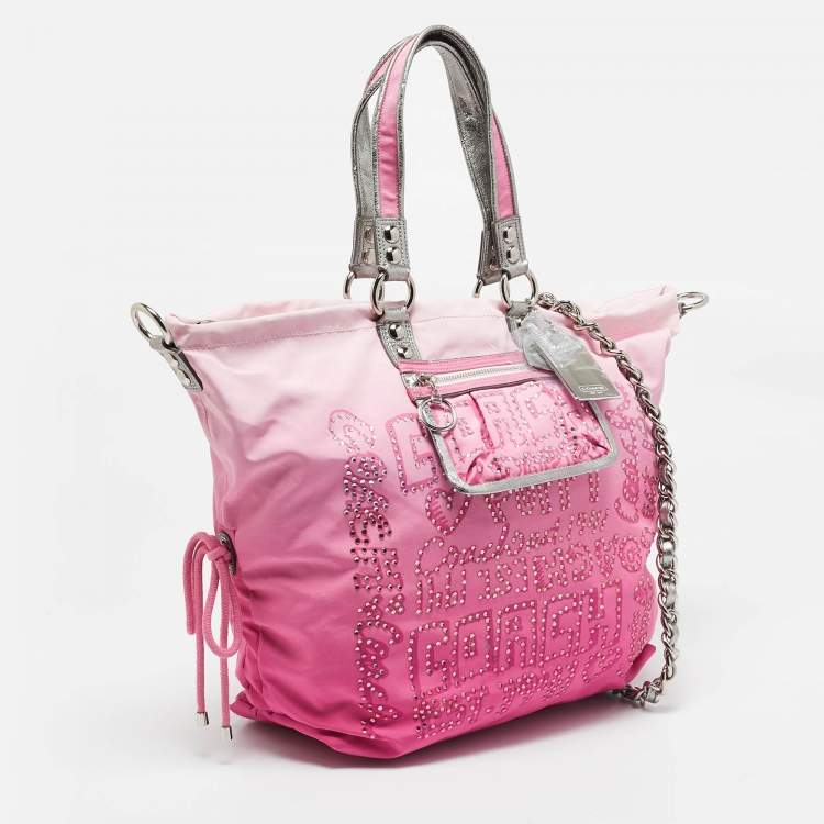 Pre Owned Coach Pink Ombre Nylon Crystal Embellished Poppy Zip Tote