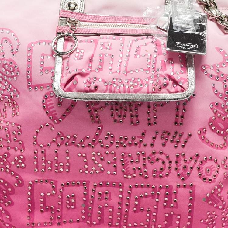 Pre Owned Coach Pink Ombre Nylon Crystal Embellished Poppy Zip Tote