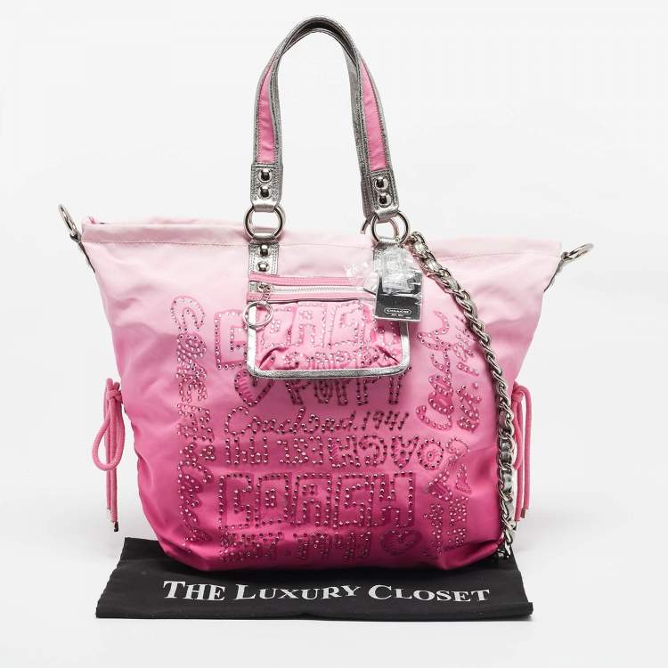 Pre Owned Coach Pink Ombre Nylon Crystal Embellished Poppy Zip Tote
