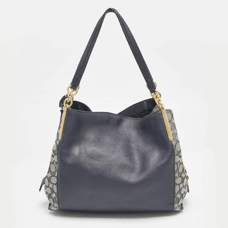 Pre Owned Coach Navy Blue Signature Jacquard Canvas and Leather Dalton 31 Shoulder Bag