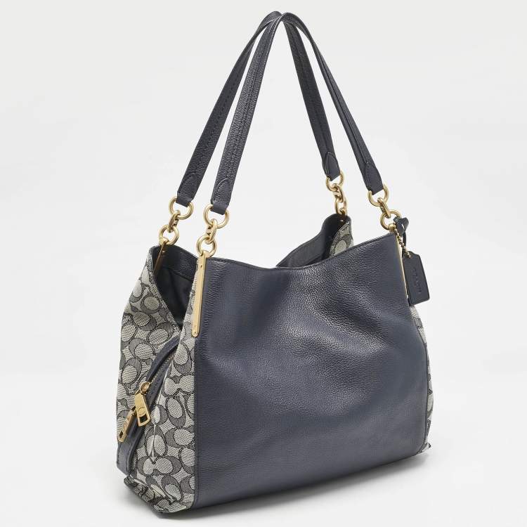 Pre Owned Coach Navy Blue Signature Jacquard Canvas and Leather Dalton 31 Shoulder Bag