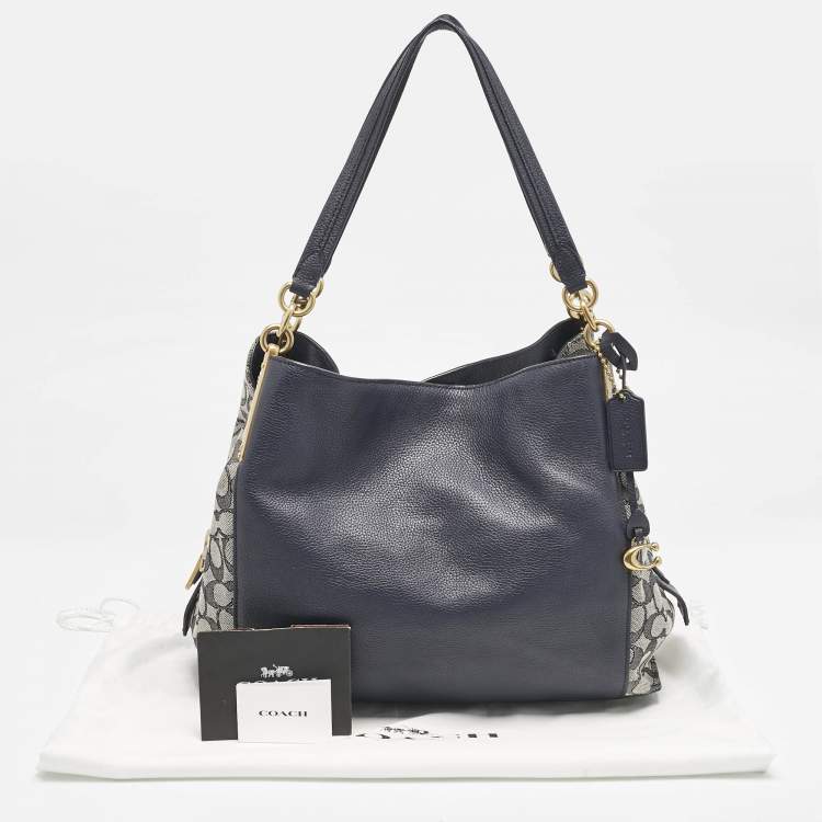 Pre Owned Coach Navy Blue Signature Jacquard Canvas and Leather Dalton 31 Shoulder Bag