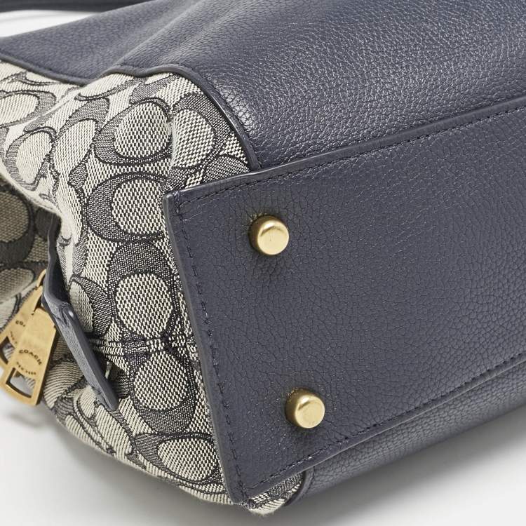 Pre Owned Coach Navy Blue Signature Jacquard Canvas and Leather Dalton 31 Shoulder Bag