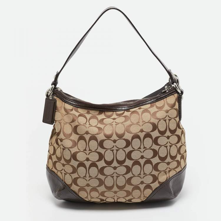 Pre Owned Coach Beige/Brown Signature Canvas and Patent Leather Hobo