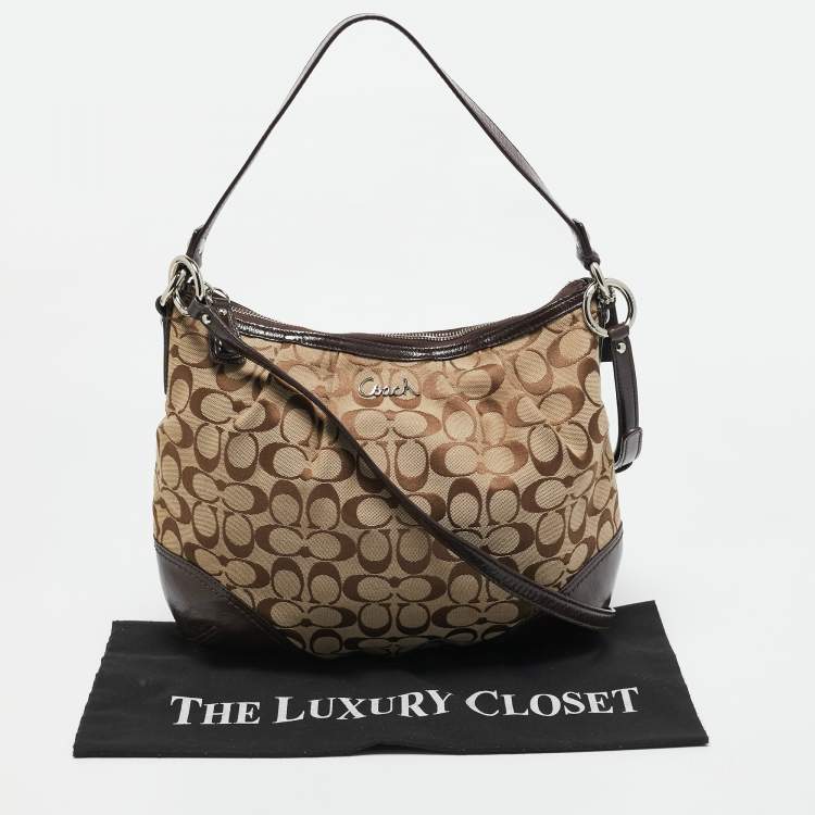 Pre Owned Coach Beige/Brown Signature Canvas and Patent Leather Hobo