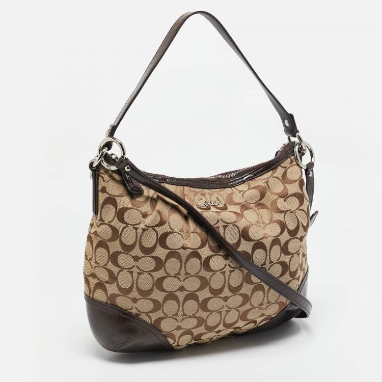 Pre Owned Coach Beige/Brown Signature Canvas and Patent Leather Hobo