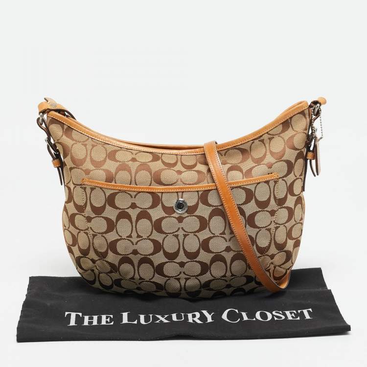 Pre Owned Coach Beige Signature Canvas and Leather Front Pocket Crossbody Bag