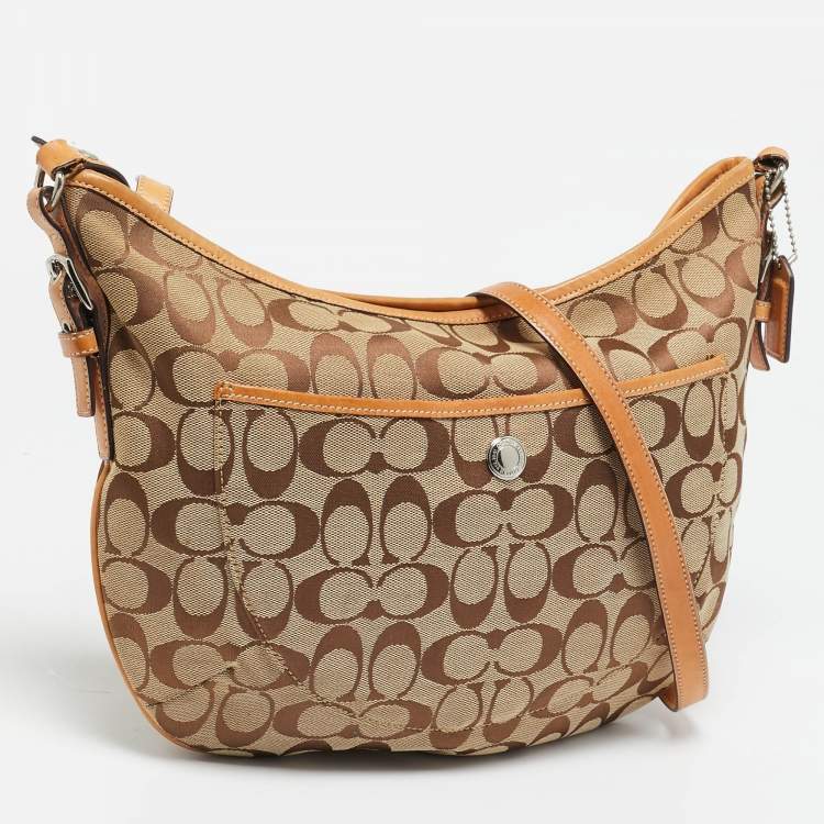 Pre Owned Coach Beige Signature Canvas and Leather Front Pocket Crossbody Bag