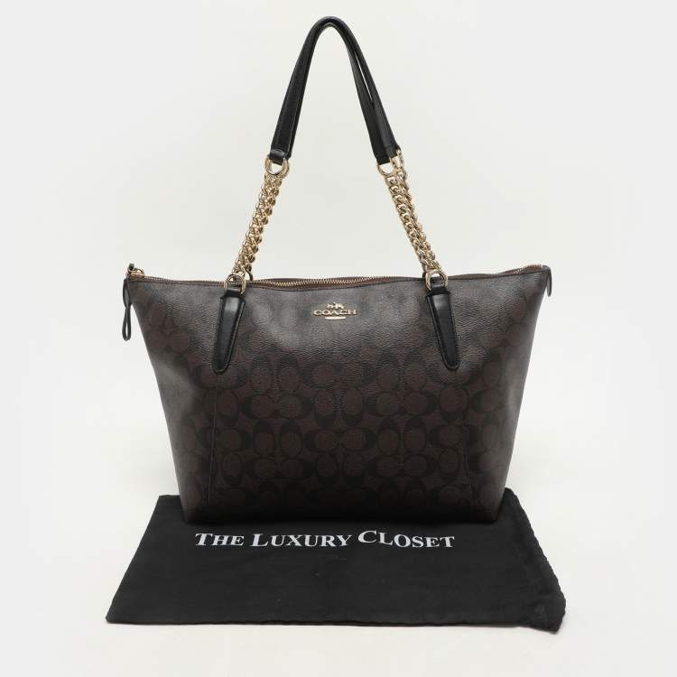 Pre Owned Coach Brown Signature Coated Canvas Ava Chain Tote
