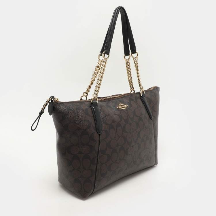 Pre Owned Coach Brown Signature Coated Canvas Ava Chain Tote
