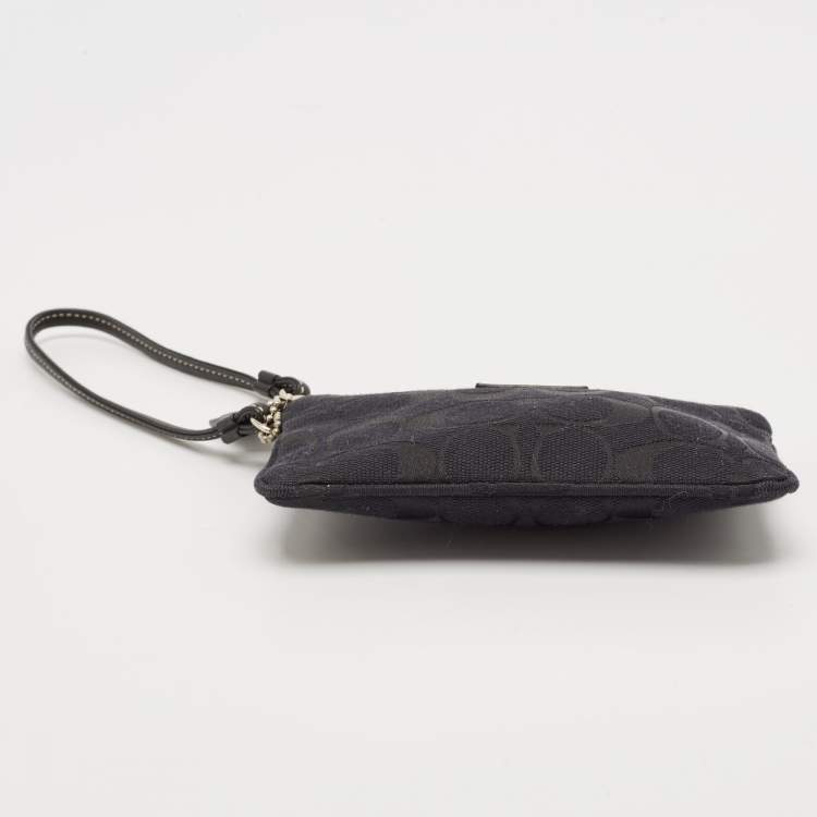 Pre Owned Coach Black Signature Canvas and Leather Wristlet Clutch