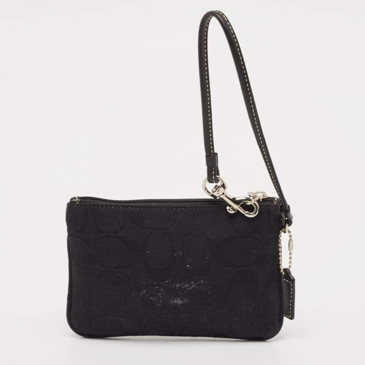 Pre Owned Coach Black Signature Canvas and Leather Wristlet Clutch