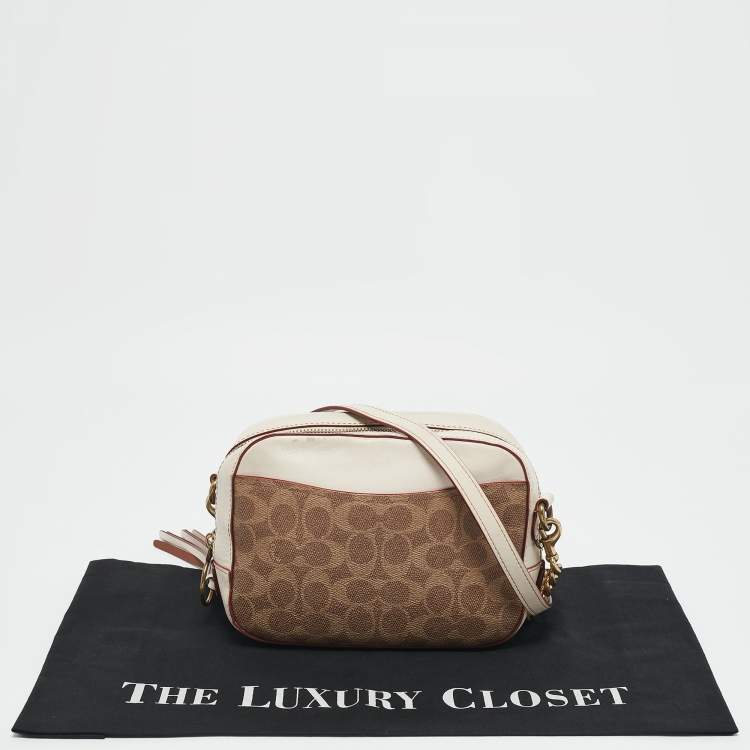 Pre Owned Coach White/Brown Signature Coated Canvas Camera Crossbody Bag