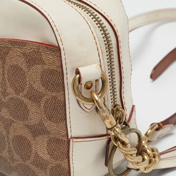 Pre Owned Coach White/Brown Signature Coated Canvas Camera Crossbody Bag