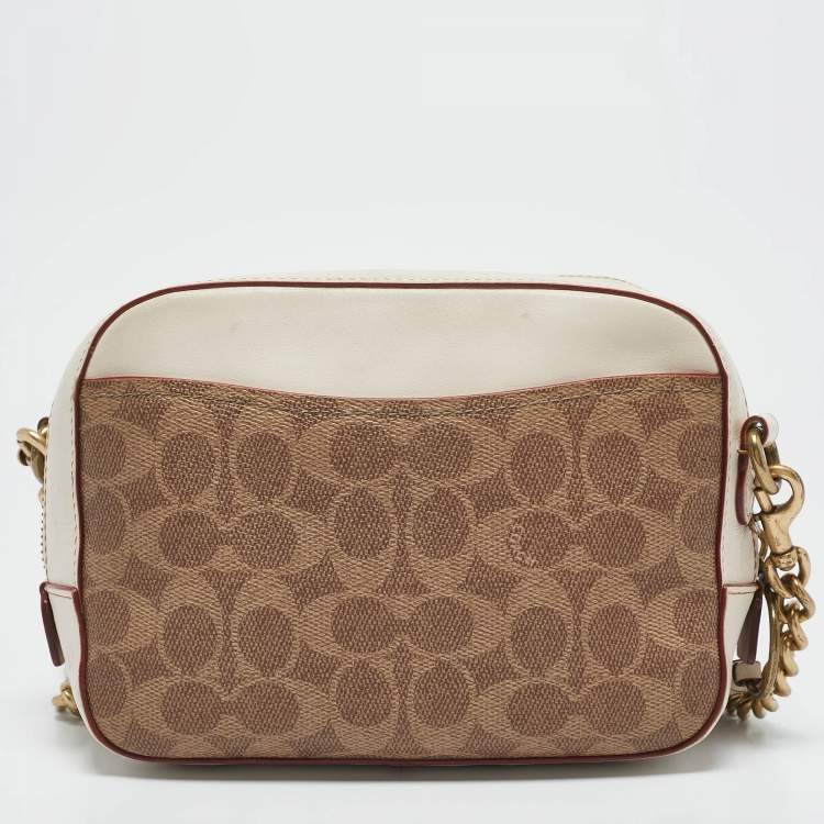 Pre Owned Coach White/Brown Signature Coated Canvas Camera Crossbody Bag
