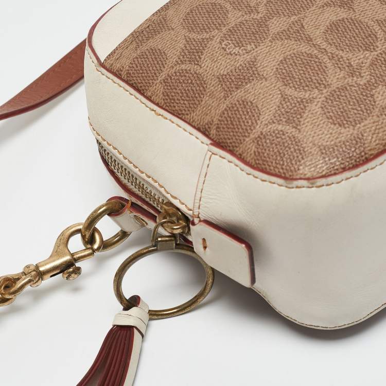 Pre Owned Coach White/Brown Signature Coated Canvas Camera Crossbody Bag