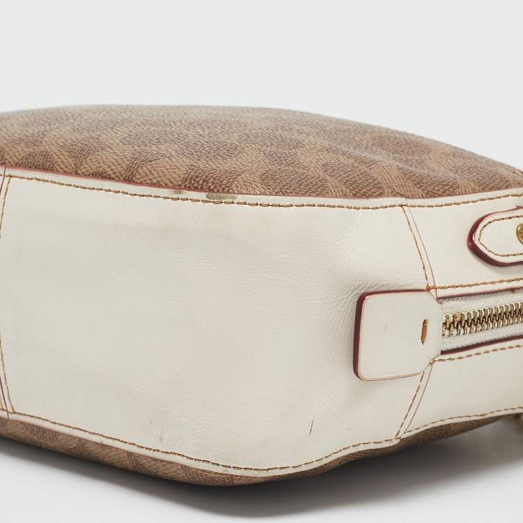 Pre Owned Coach White/Brown Signature Coated Canvas Camera Crossbody Bag