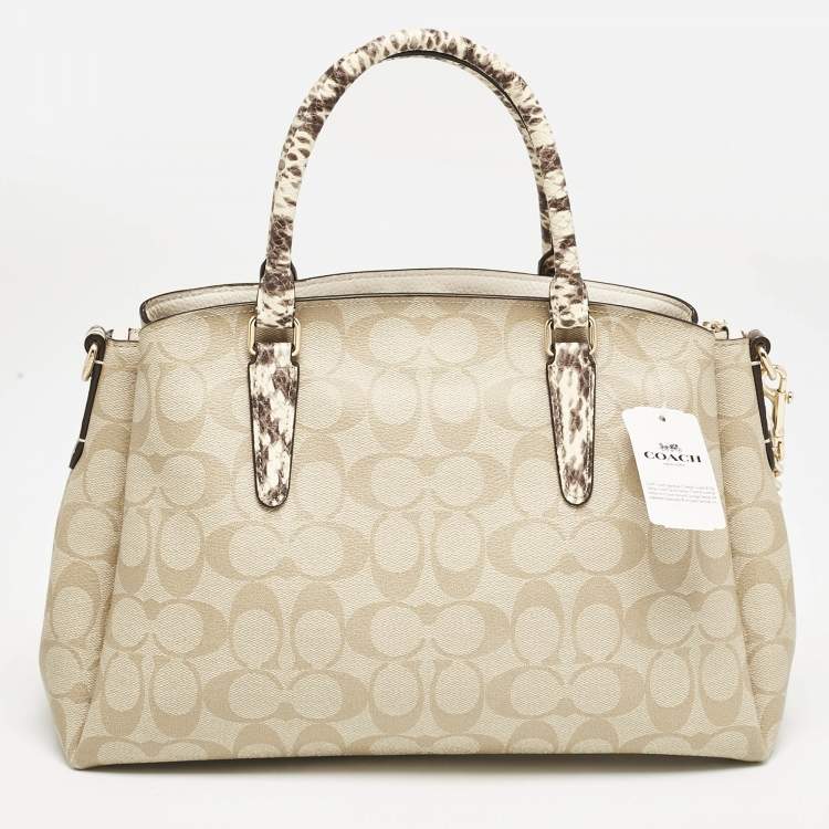 Pre Owned Coach Beige Signature Coated Canvas and Snake Print Leather Sage Carryall Satchel