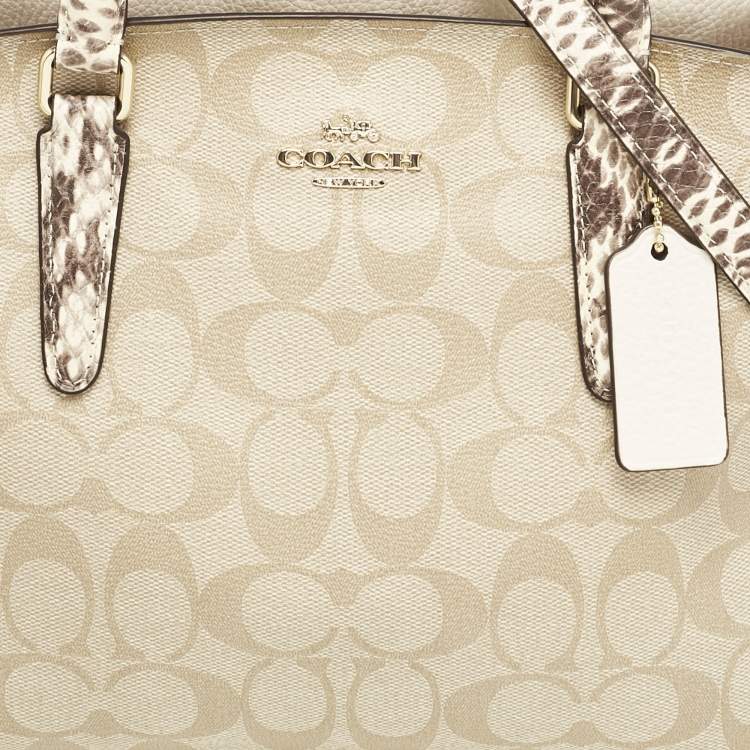 Pre Owned Coach Beige Signature Coated Canvas and Snake Print Leather Sage Carryall Satchel