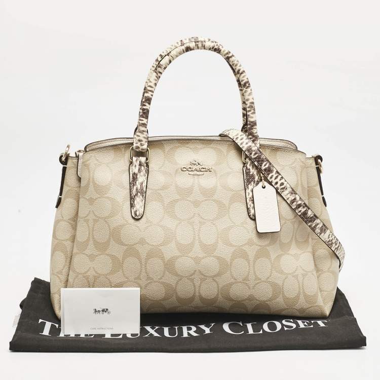 Pre Owned Coach Beige Signature Coated Canvas and Snake Print Leather Sage Carryall Satchel