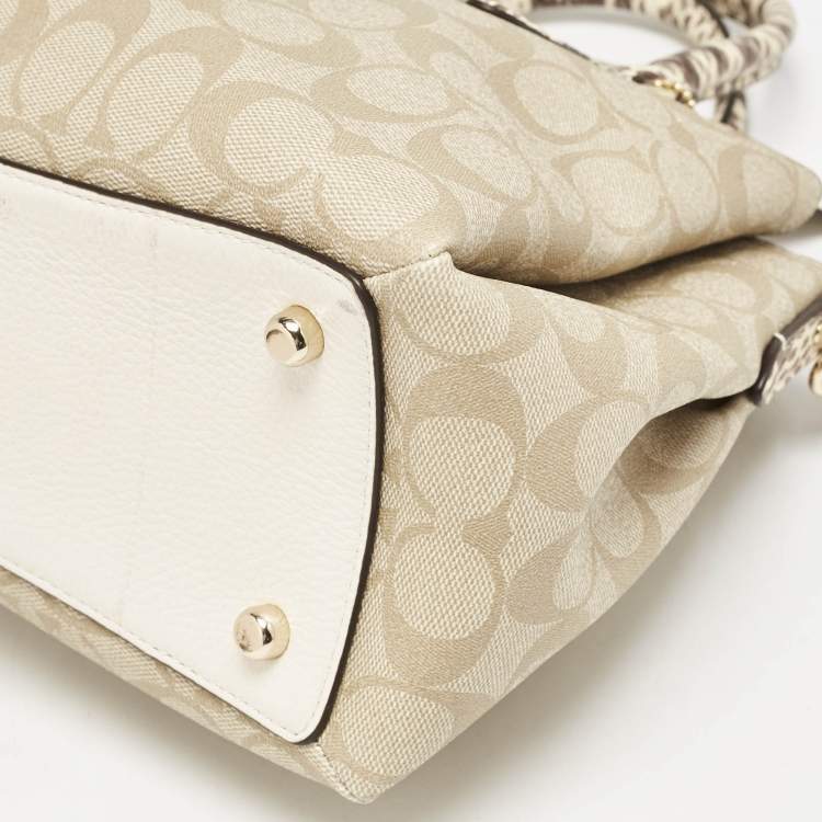 Pre Owned Coach Beige Signature Coated Canvas and Snake Print Leather Sage Carryall Satchel