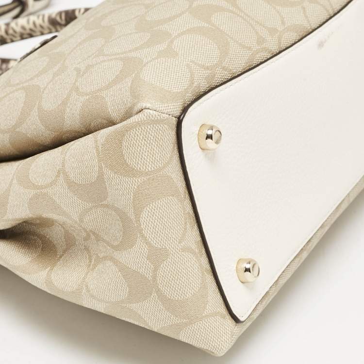 Pre Owned Coach Beige Signature Coated Canvas and Snake Print Leather Sage Carryall Satchel