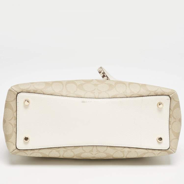 Pre Owned Coach Beige Signature Coated Canvas and Snake Print Leather Sage Carryall Satchel