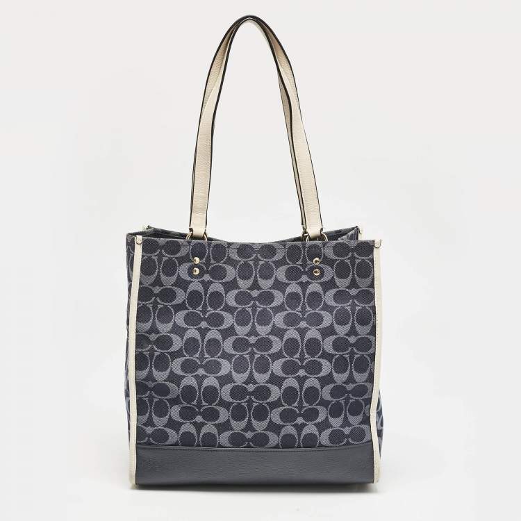 Pre Owned Coach Blue/White Signature Denim and Leather Dempsey Tote