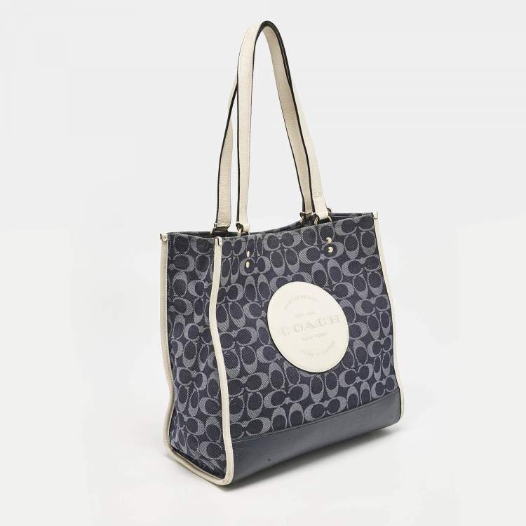 Pre Owned Coach Blue/White Signature Denim and Leather Dempsey Tote