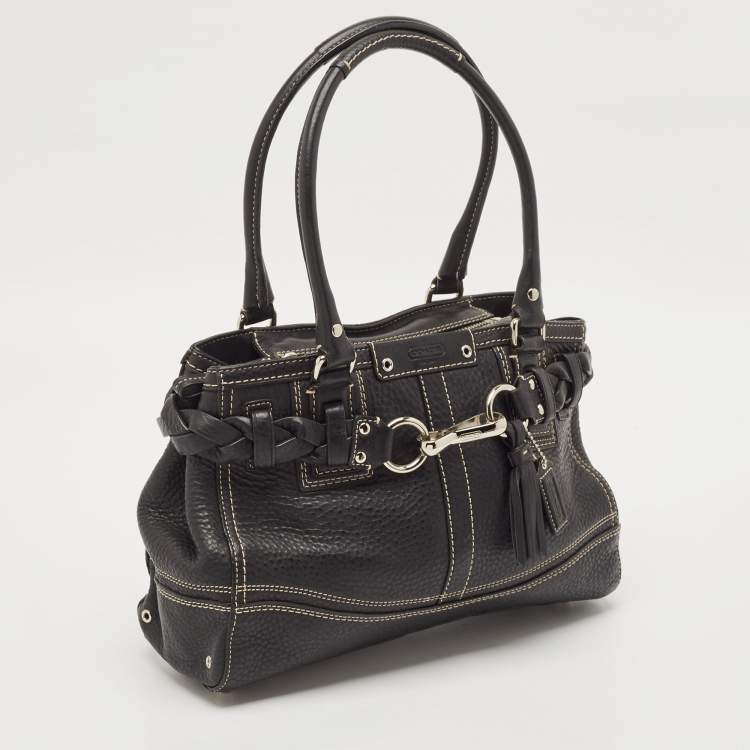 Pre Owned Coach Black Leather Hamptons Braided Tote