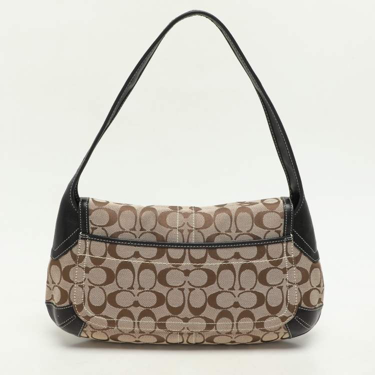 Pre Owned Coach Beige/Black Canvas and Leather Baguette Shoulder Bag
