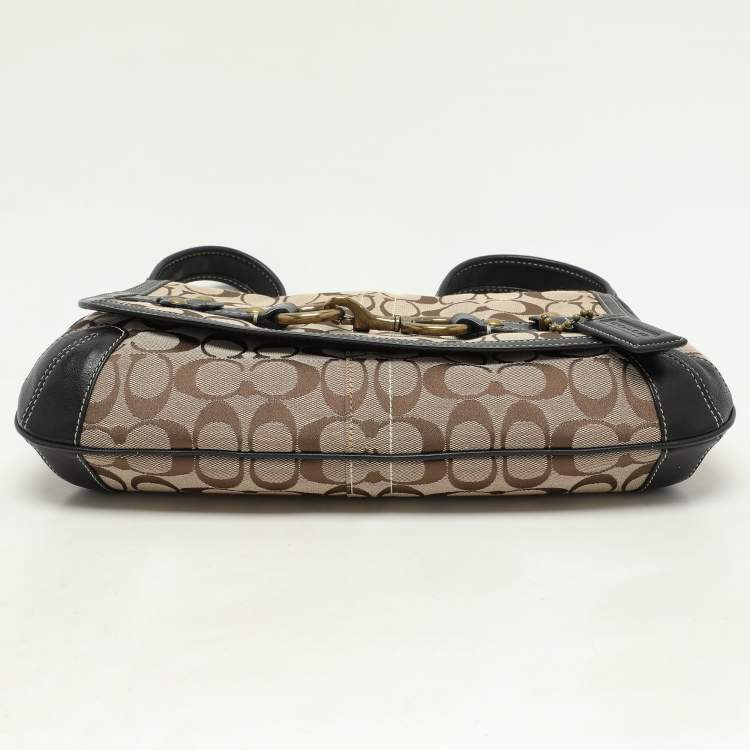 Pre Owned Coach Beige/Black Canvas and Leather Baguette Shoulder Bag