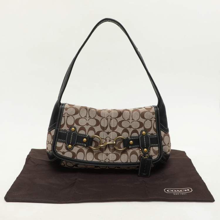 Pre Owned Coach Beige/Black Canvas and Leather Baguette Shoulder Bag